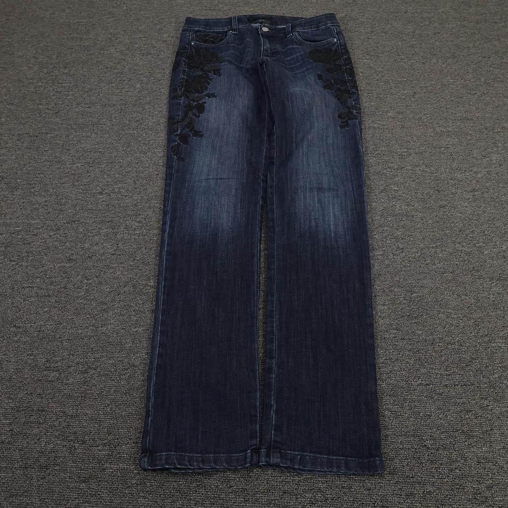 White House Black Market Dark Blue Jeans with Black Floral Embroidery
